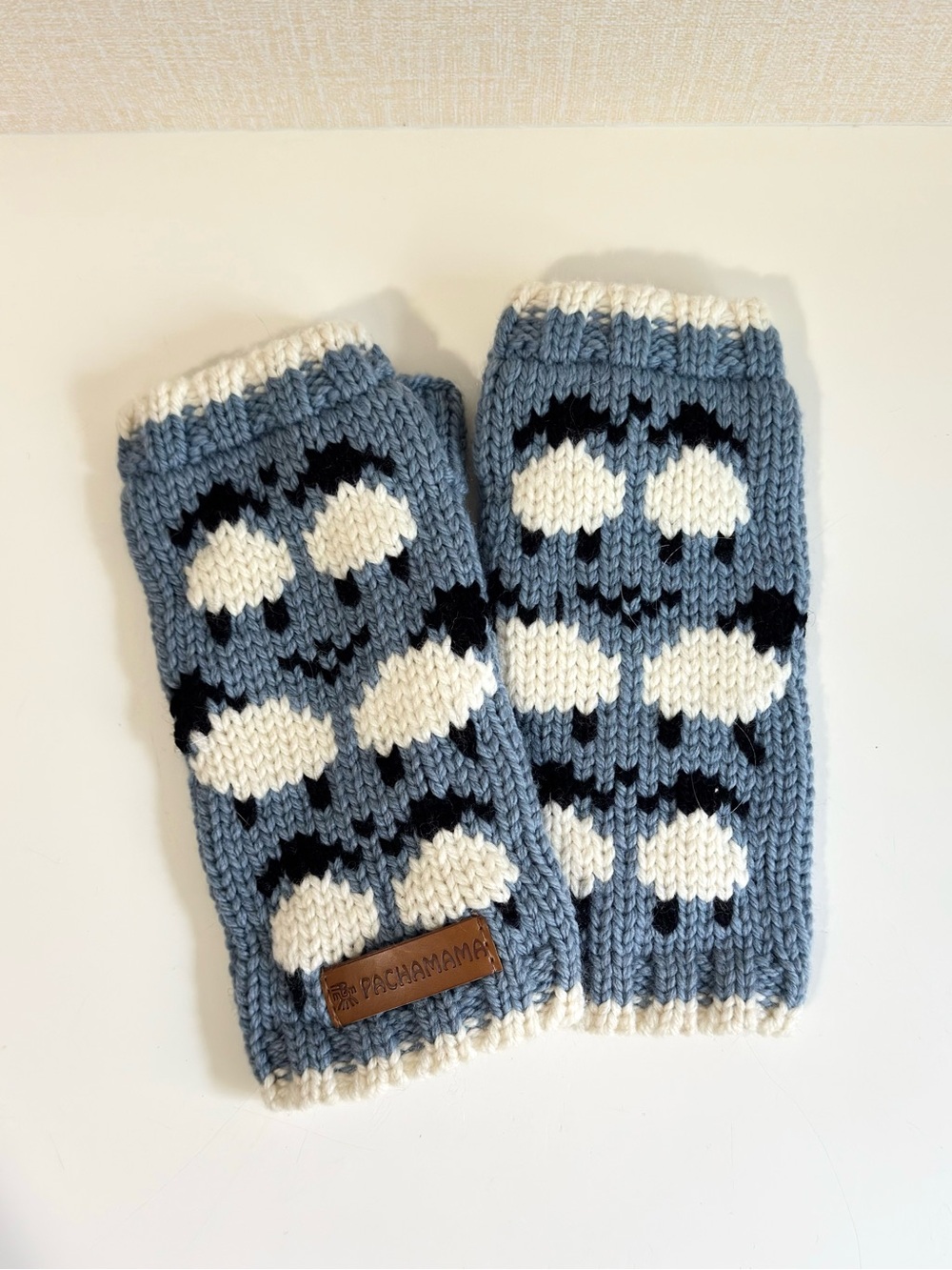 Pachamama Merino Wool Blue Knit Fingerless Mittens ~ Sheep Pattern